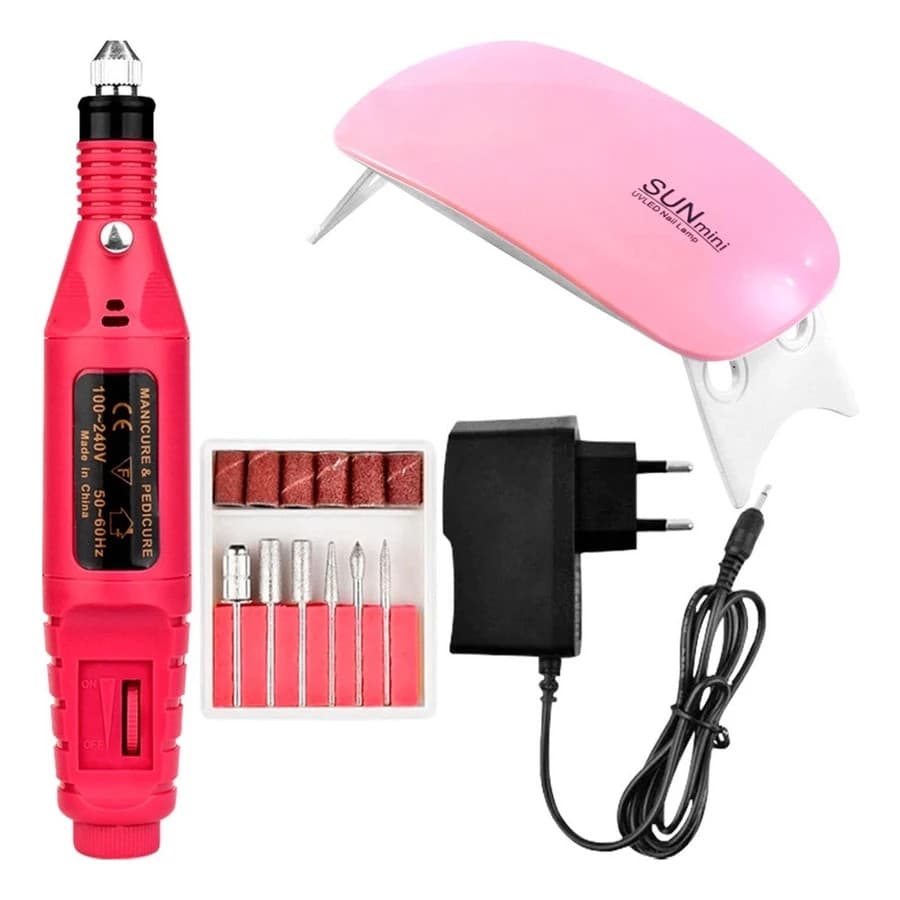 Kit Manicure Cabine Estufa De Unha Sun Mini + Lixadeira Eletrica Motor Caneta Unhas