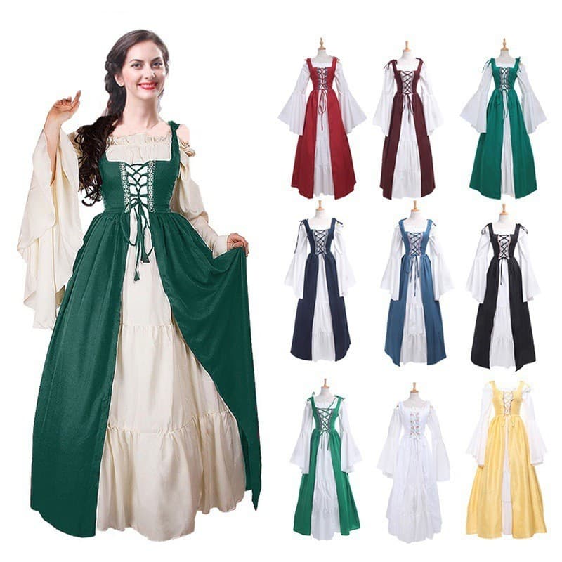 2026 Vestido retrô renascentista Medieval com decote quadrado e cintura