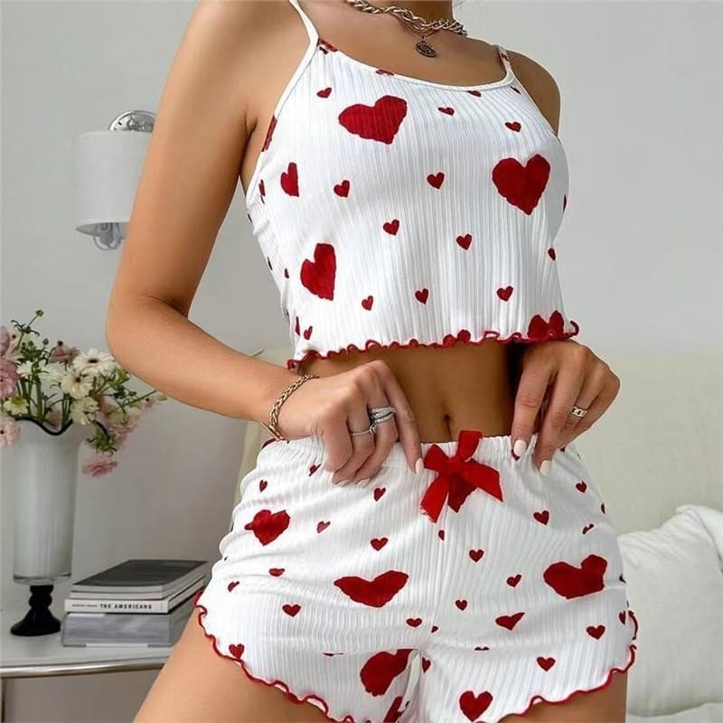 Verão novo estilo 2026 malha Pit Strip amor impressão Design sentir doce Suspender Shorts puro desejo pijamas feminino