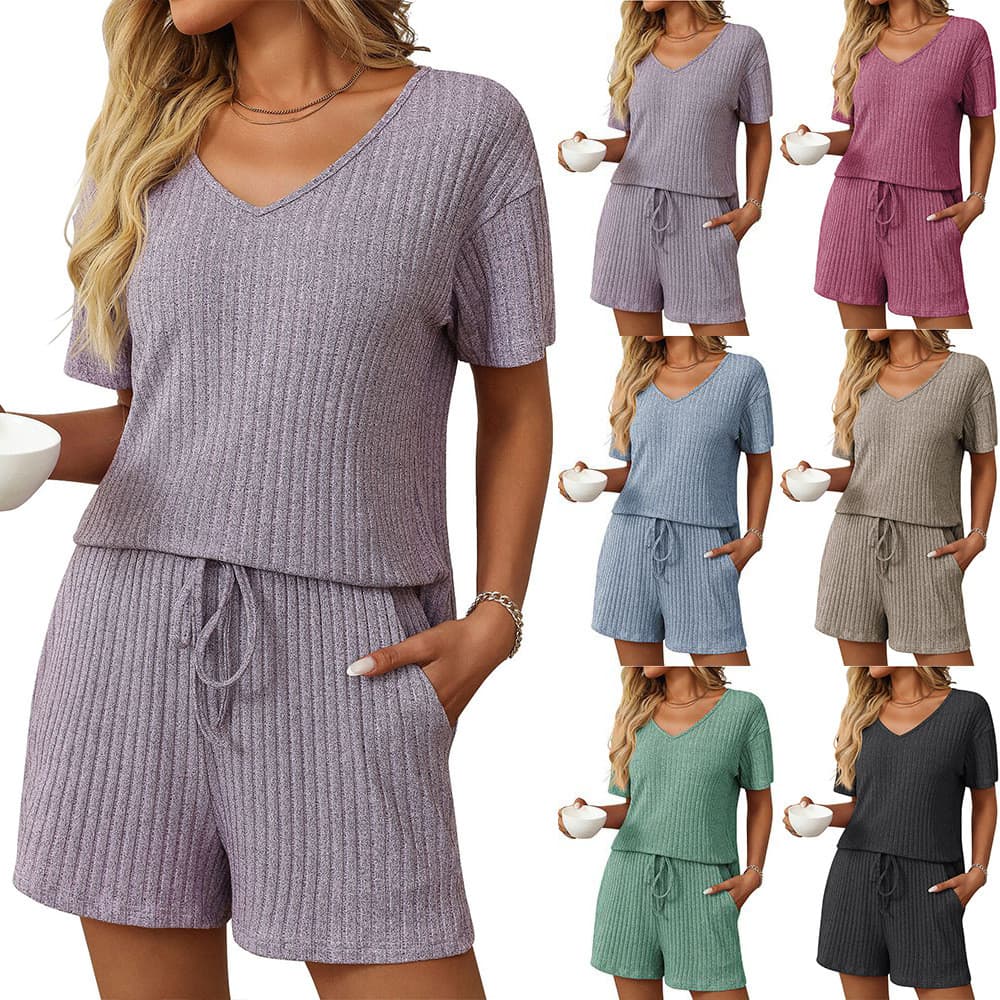 Roupas femininas transfronteiriças 2026 verão novo estilo cor sólida Pit Strip pijamas de manga curta Loungewear terno