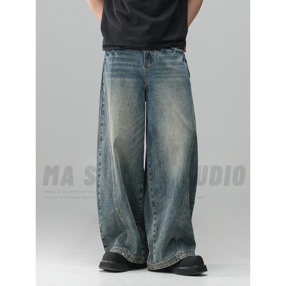 Americano relâmpago rachado lavado Jeans masculino 2026 outono novo estilo solto em linha reta desconstrução Machete cal