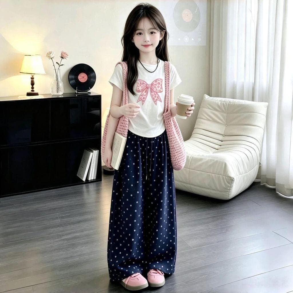 [Promoção por tempo limitado] Dopamina Girls Summer Suit Crianças estampadas bolinhas calças largas camiseta de manga cu