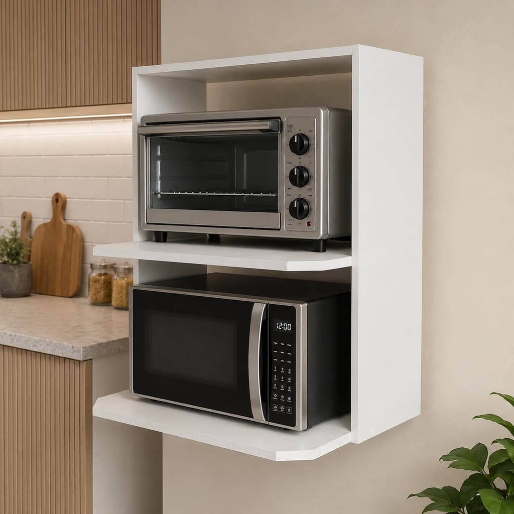 Nicho Suspenso Para Microondas Forno Eletrico E Air Fryer Prateleira De Parede MDF Com Suporte Branca E Preta