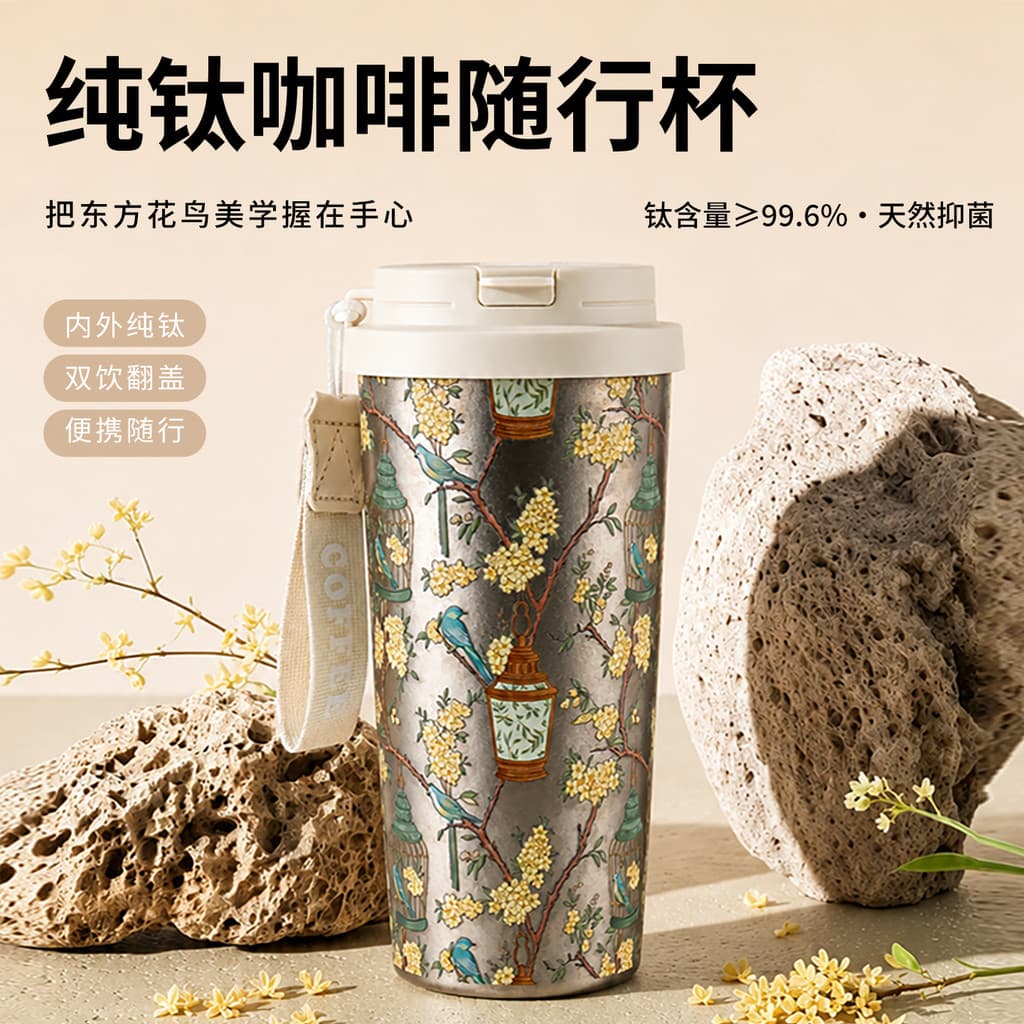 Copo térmico de café de titânio puro estilo chinês, portátil, carro, escritório, acompanhando copo de titânio, alto valo