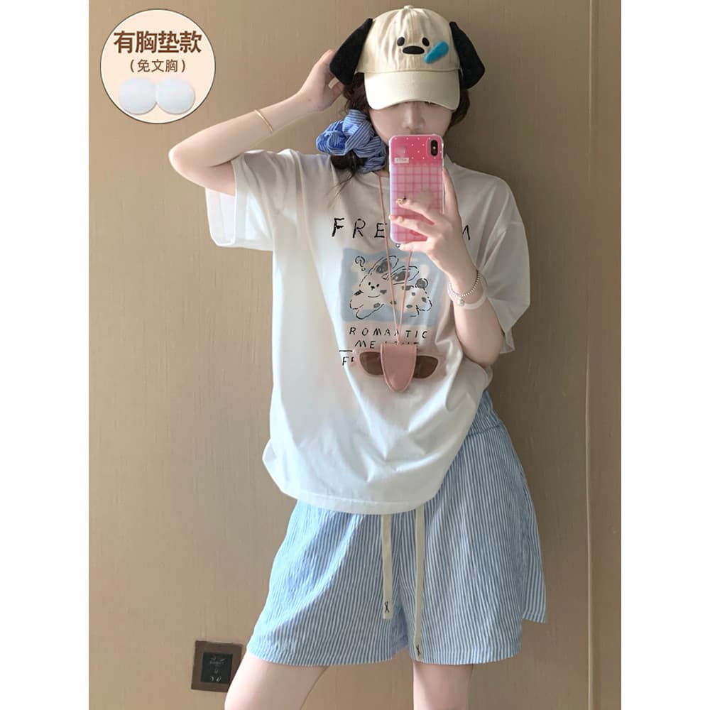 Pijama de manga curta feminino verão algodão puro com almofada no peito 2026 novo estilo Plus Size bonito dos desenhos a