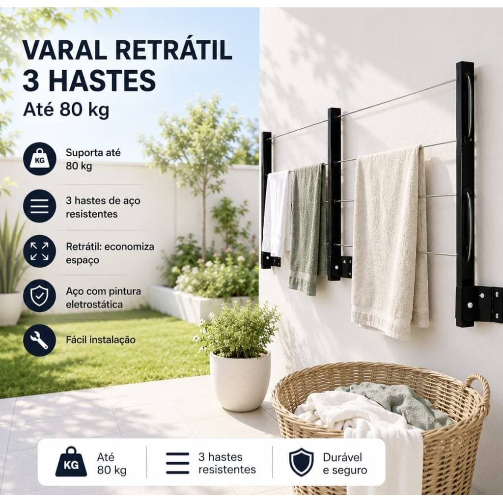 Varal De Roupa de Parede Reforçado 80 Kg Dobrável 3 Hastes Preto Retrátil