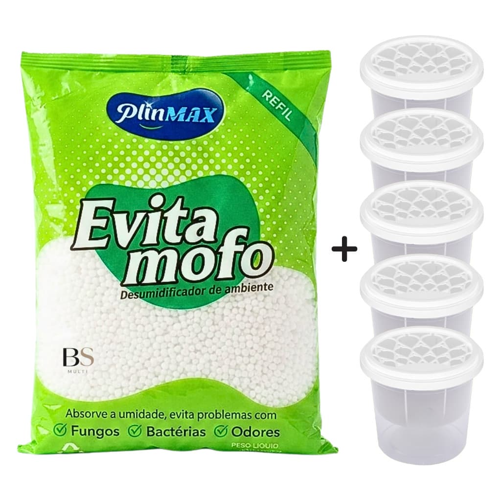 Antimofo Refil 1kg + 5 Potes Desumidificadores Evita Mofo Cheiro Umidade Armário Guarda-Roupa Kit