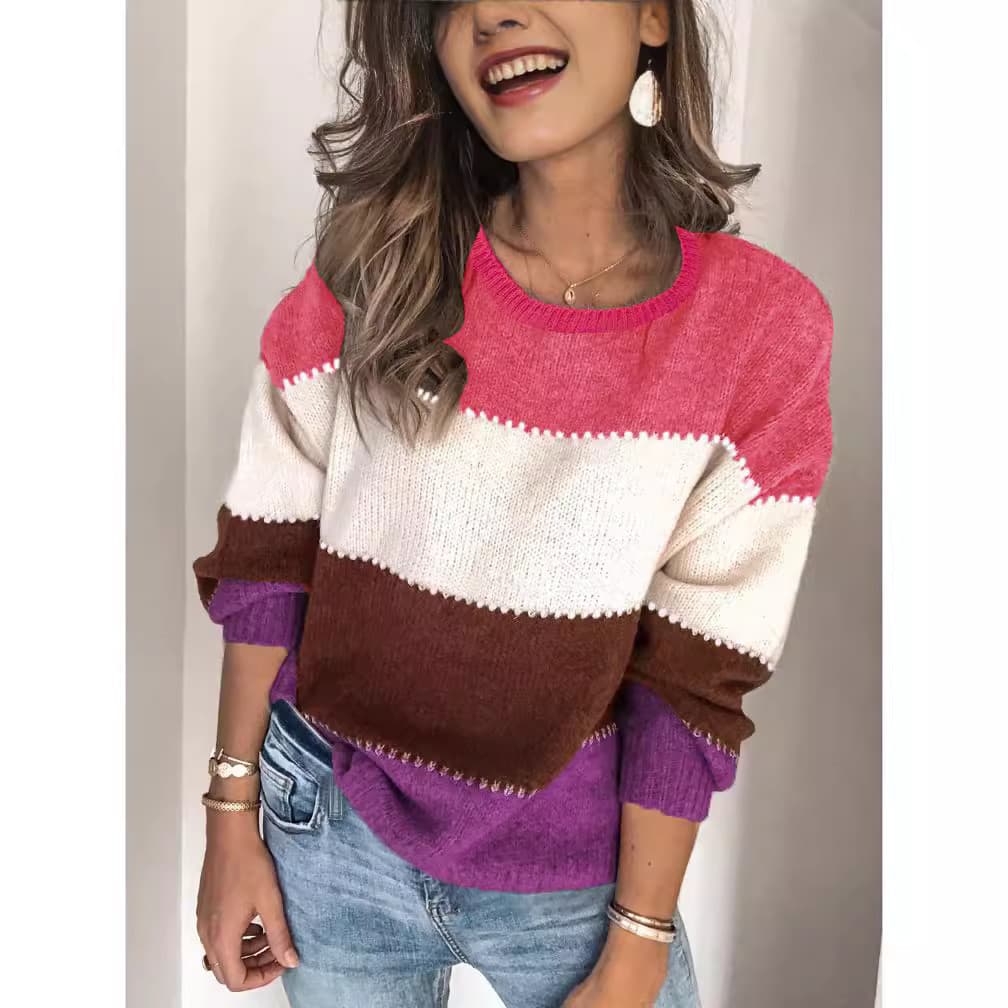 Camisola feminina Yama venda quente cor-bloqueio em torno do pescoço comprimento médio solto conexão de malha tamanho gr