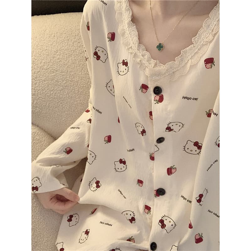 Doce bonito dos desenhos animados hellokitty primavera outono pijamas feminino manga longa Plus Size Cardigan Loungewear