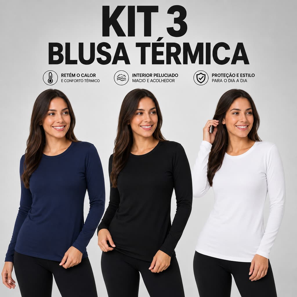Kit 3 Blusa Térmica Peluciada Feminina Segunda Pele Gola Redonda Forro Inverno Frio Camiseta