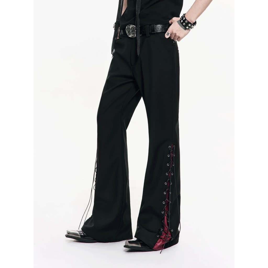 FRKM SCD 26SS Novo Estilo Design Sense Side Slit Costura Laced-Up Calças Levemente Flip-Floor Calças Casuais Masculinas