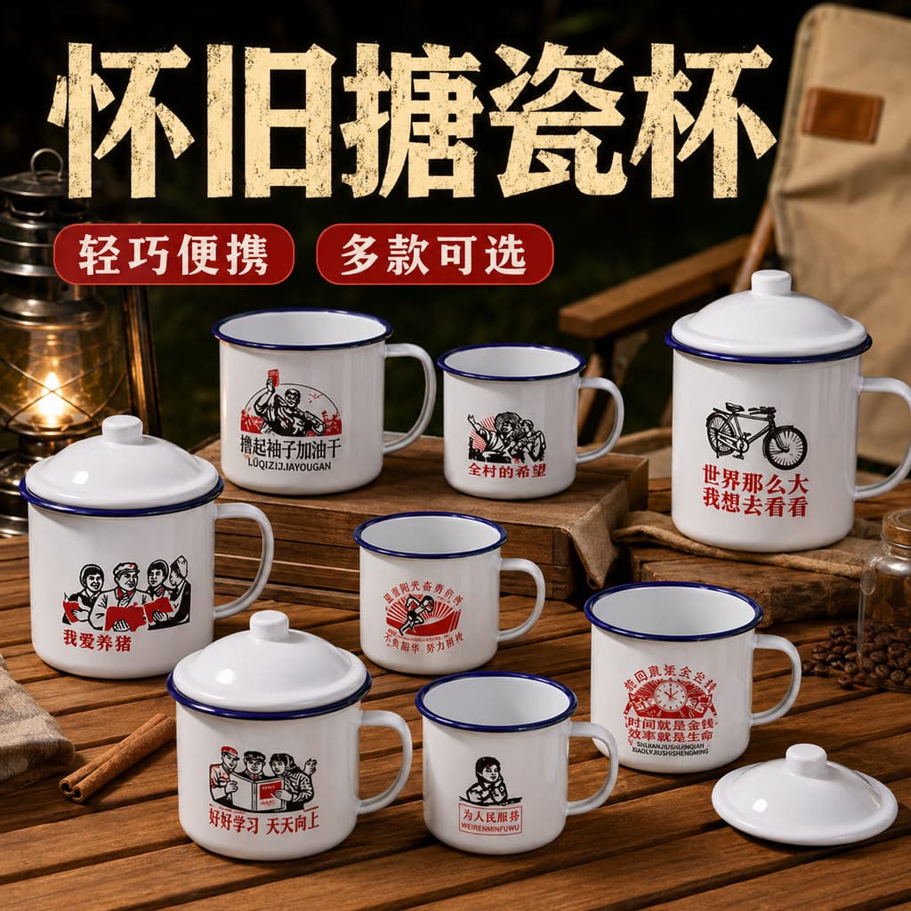 [Com tampa] Copo esmaltado à moda antiga nostálgico clássico retrô tamanho grande caneca esmaltada jarra de chá copo de
