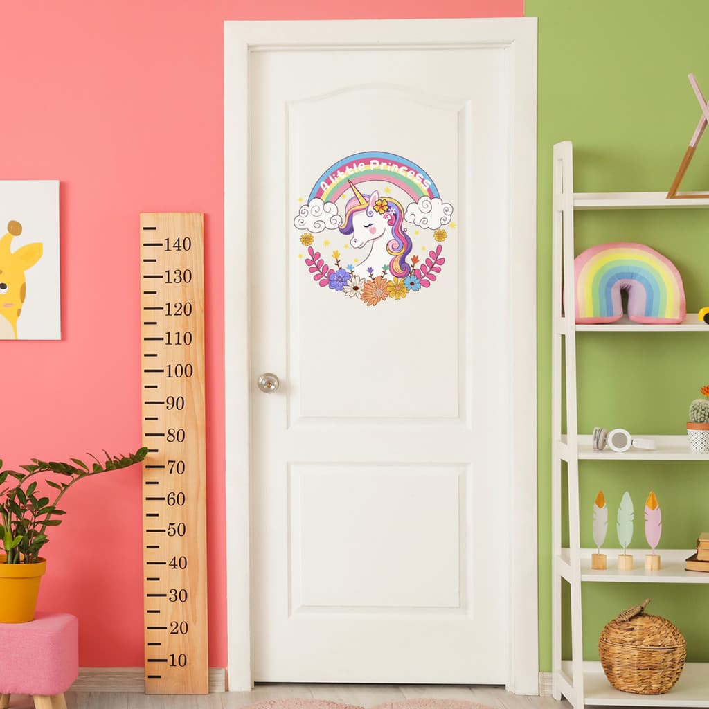 Adesivos de parede dos desenhos animados unicórnio arco-íris flor porta adesivos sala estar quarto das crianças decoraçã