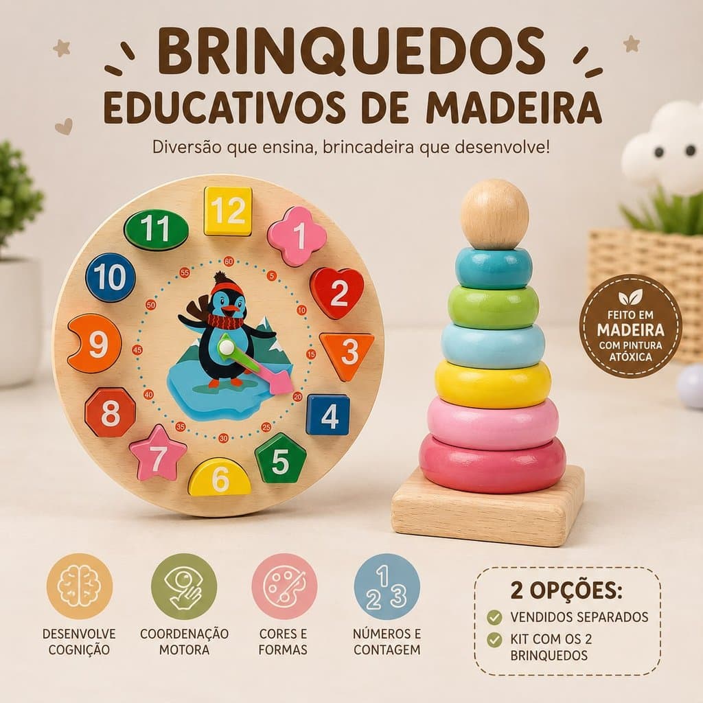 Brinquedo Educativo de Madeira Infantil Didático Encaixe Números Torre Montessori Coordenação Motora