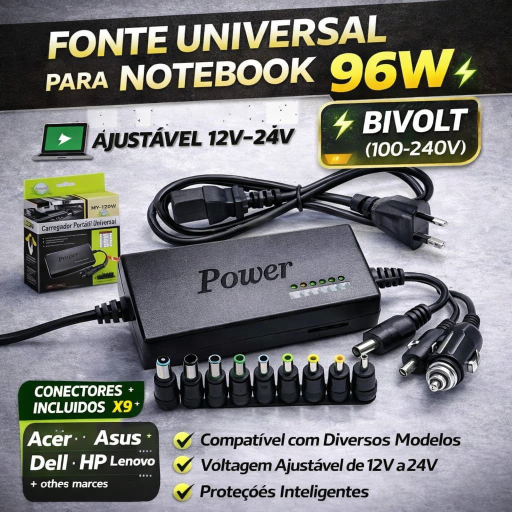 Fonte Universal para Notebook 96W com 9 Pontas Ajustável 12V a 24V Bivolt