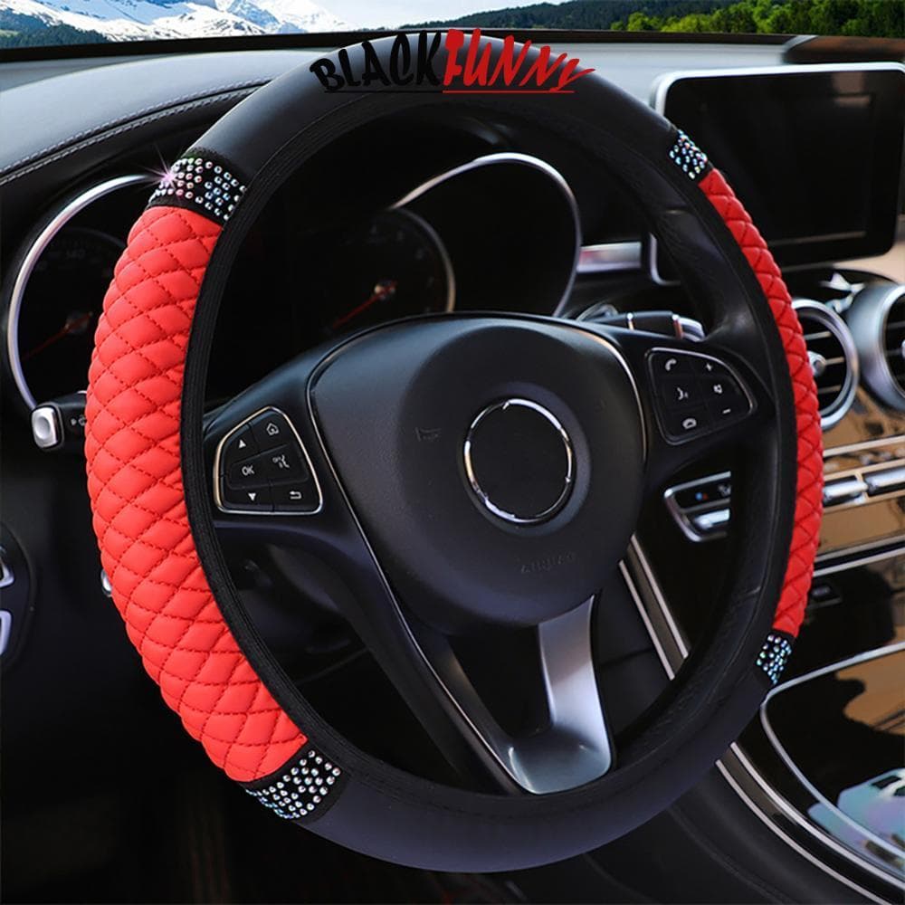 BLACKFUNNY 1Pc Capa Universal Para Volante De Carro Em Couro Bordado Cor Cravejada De Diamantes Elástica 37-38cm Four Se