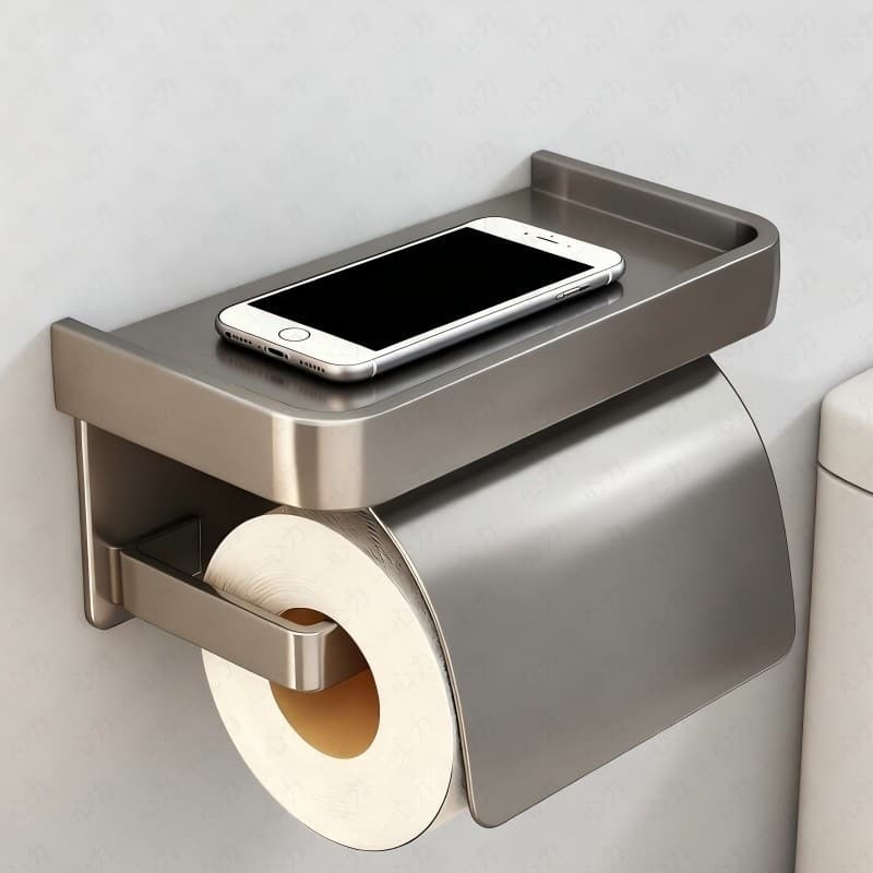 Metal Suporte Porta Papel Higienico Preto e Suporte para Celular Com Adesivo Fixo na Parede Sem Furos