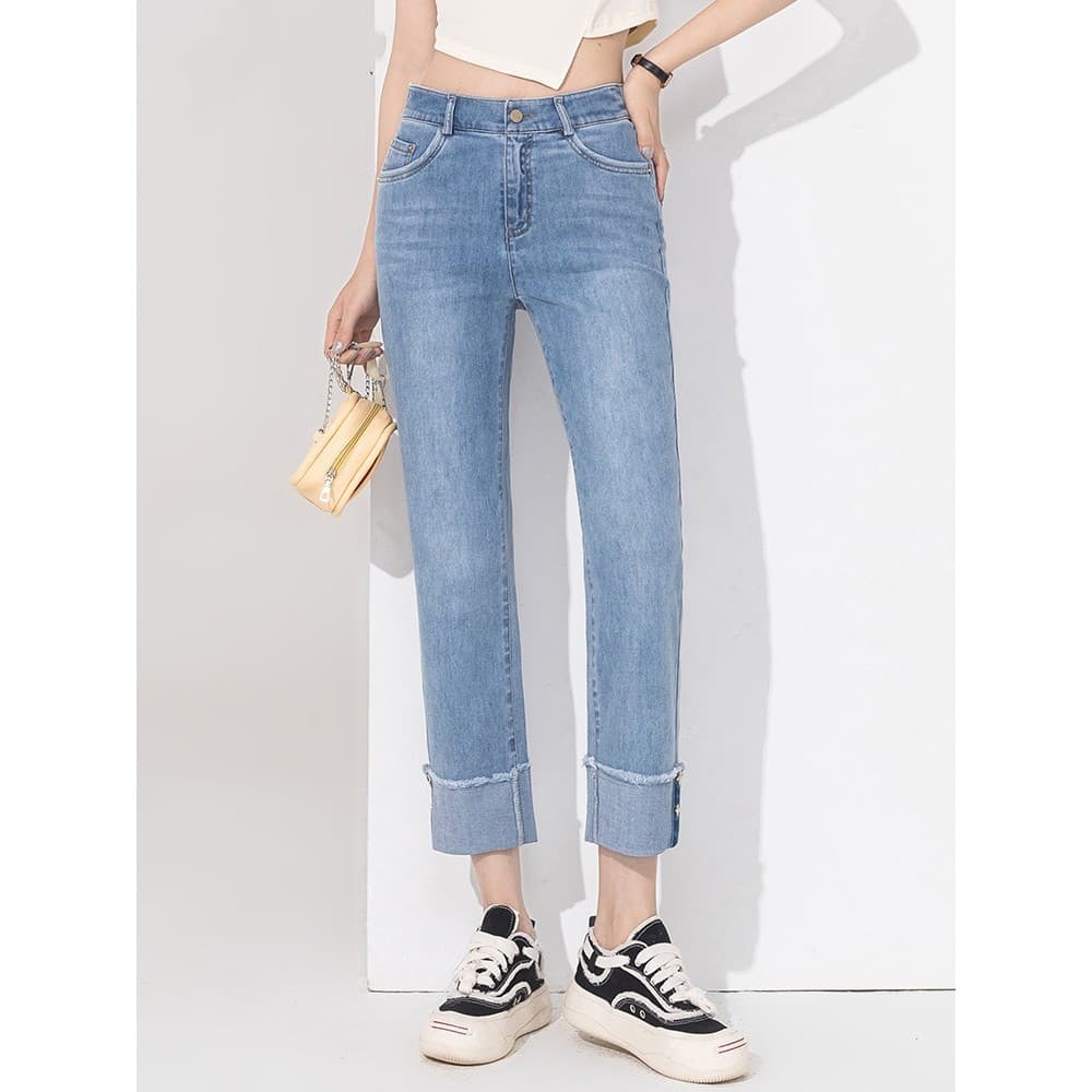 Zhengzhou marca calças femininas de cor clara Jeans feminino cintura alta calças de perna reta primavera verão flangeado