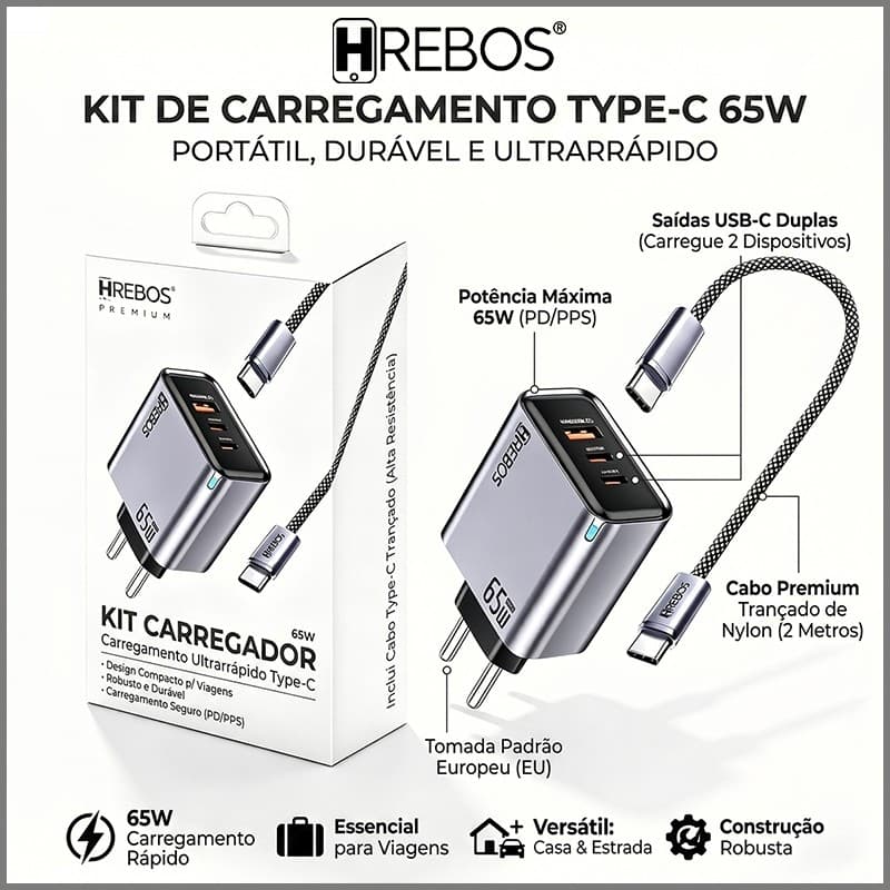 HREBOS 65w Conjunto Carregamento Ultrarrápido 3 Portas Tipo-C USB-A Compatível com vários modelos