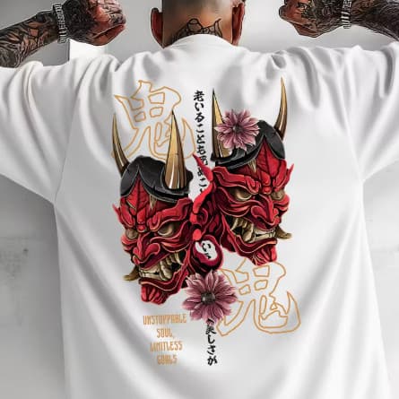 Camiseta Oversized Masculina Oni Rose Japan Tendência Moda Oriental Premium