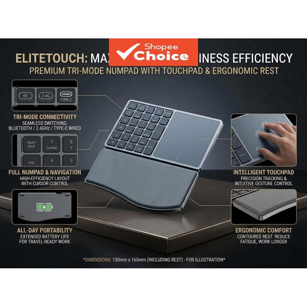 Teclado numérico sem fio ergonômico com touchpad e apoio de pulso, tri-modo Bluetooth/2.4G/com fio, recarregável,