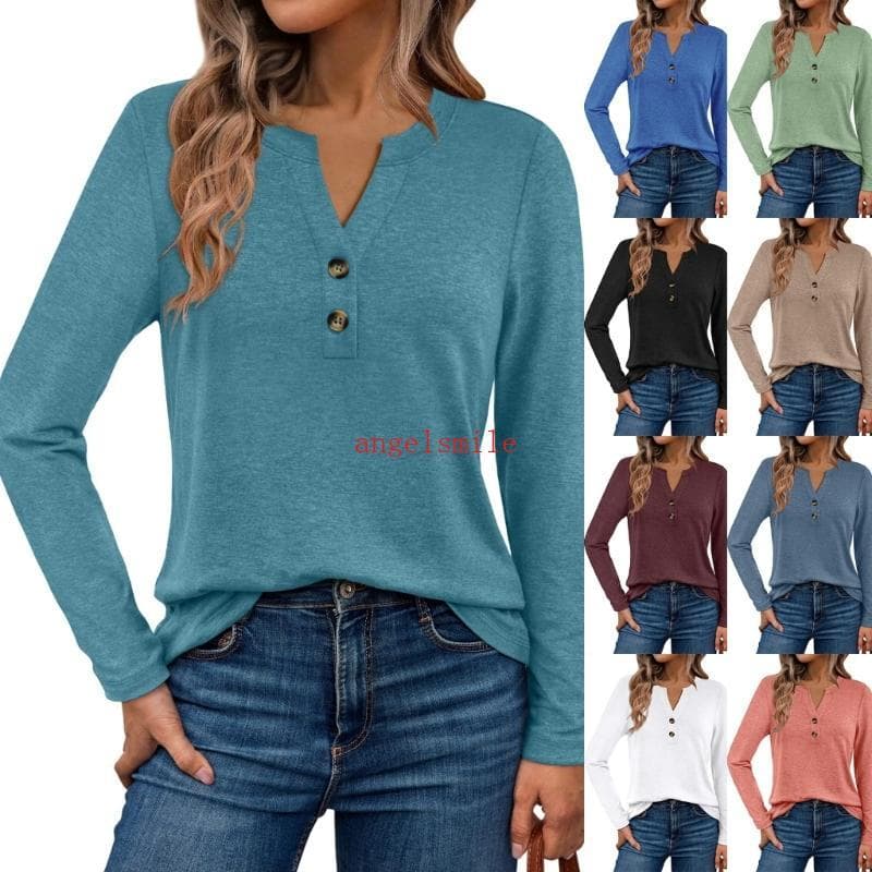 Ace Feminino De Manga Comprida casual formal tops Henley Com Decote Em V Roupas De Outono