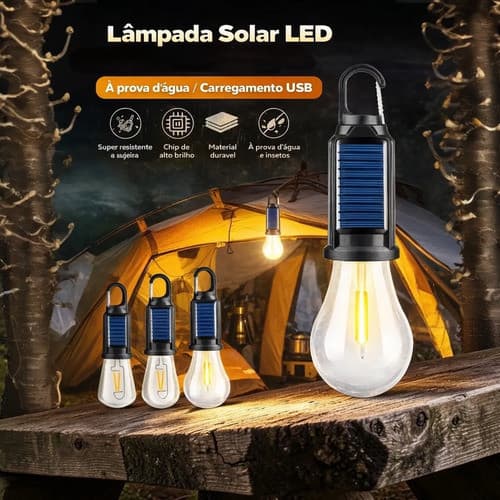 Kit Lampada Led Camping Solar 15w Recarregável Portátil Quente 5v Mosquetão