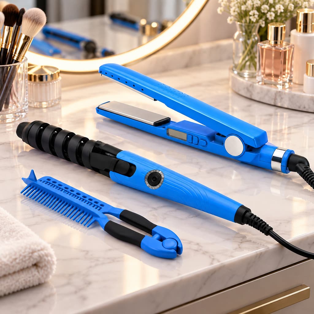 Kit Modelador de Cabelo 3 em 1 Profissional Azul com Chapinha Digital, Babyliss Espiral e Pente Modelador