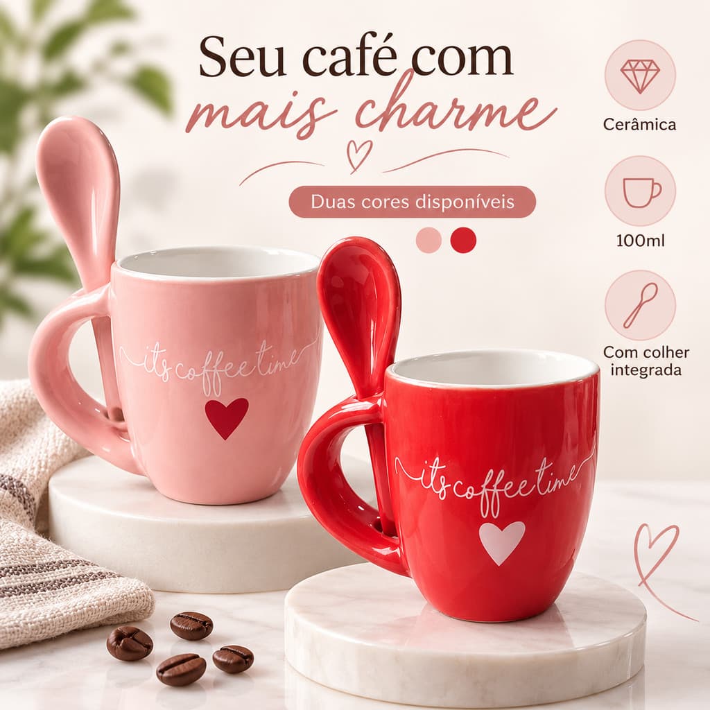 Caneca Xícara 100ml com Colher de Cerâmica Linha L’Amour Rosa Vermelha para Café