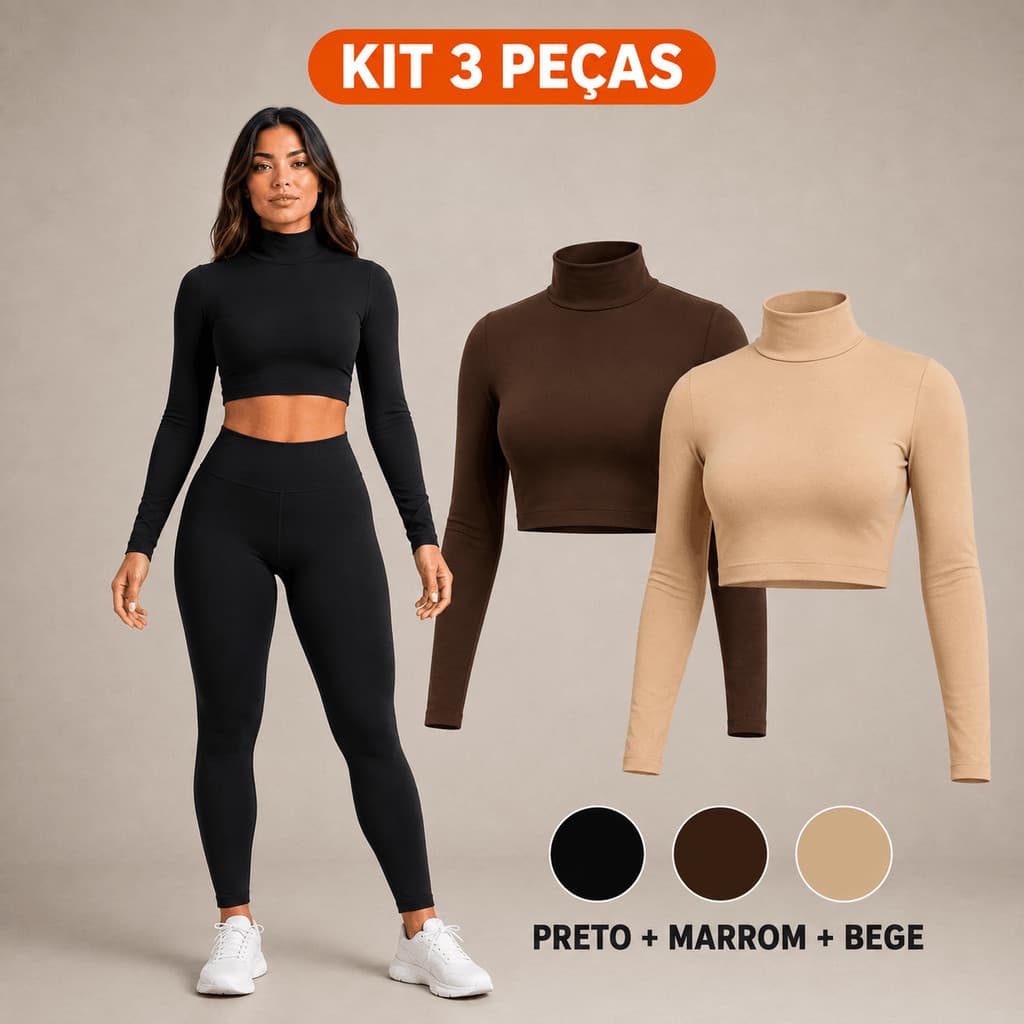 KIT 3  Blusa Blusinha Croppet Feminina Manga Longa de Compressão Colada