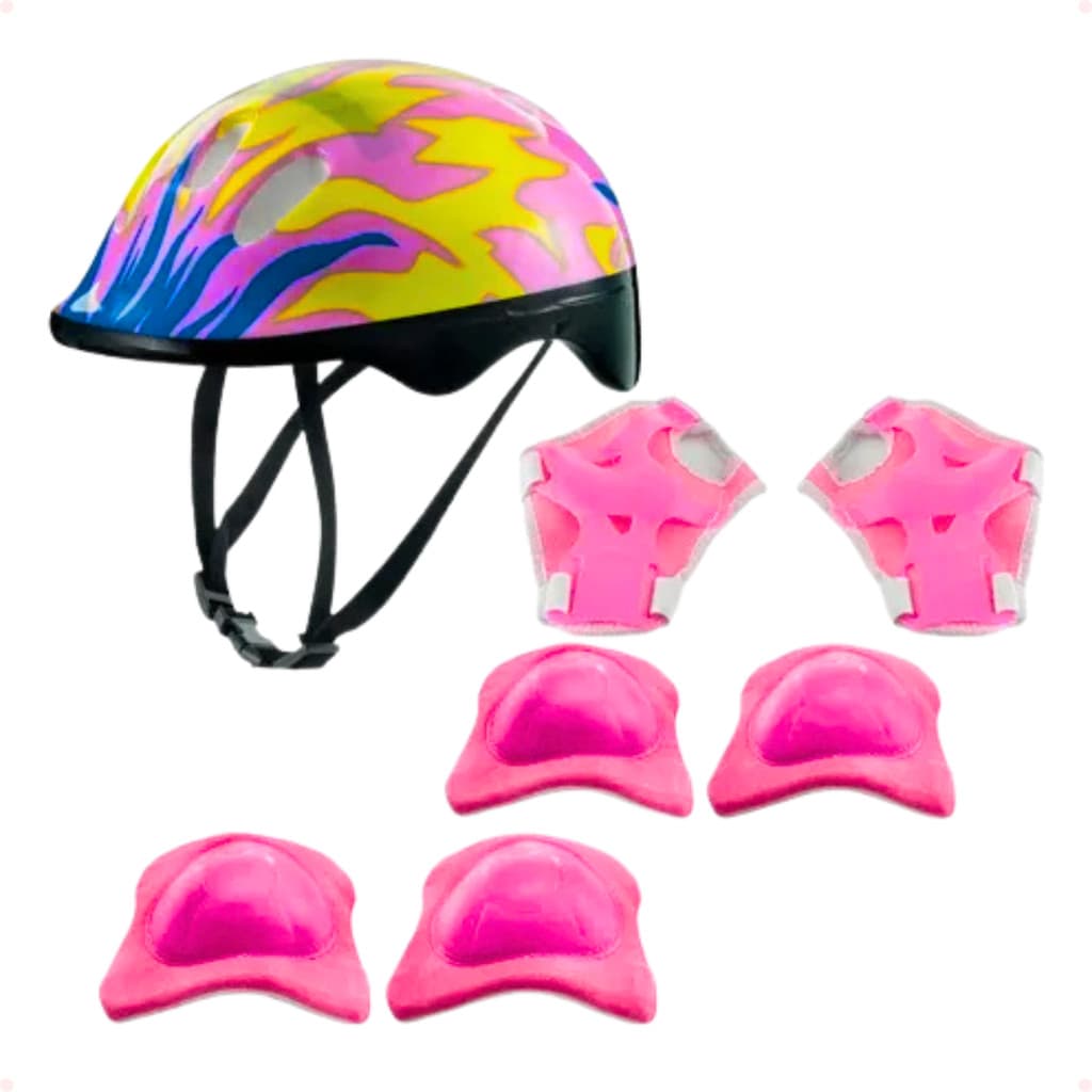 Kit Proteção Capacete Cotoveleira Joelheira Infantil Chamas Rosa
