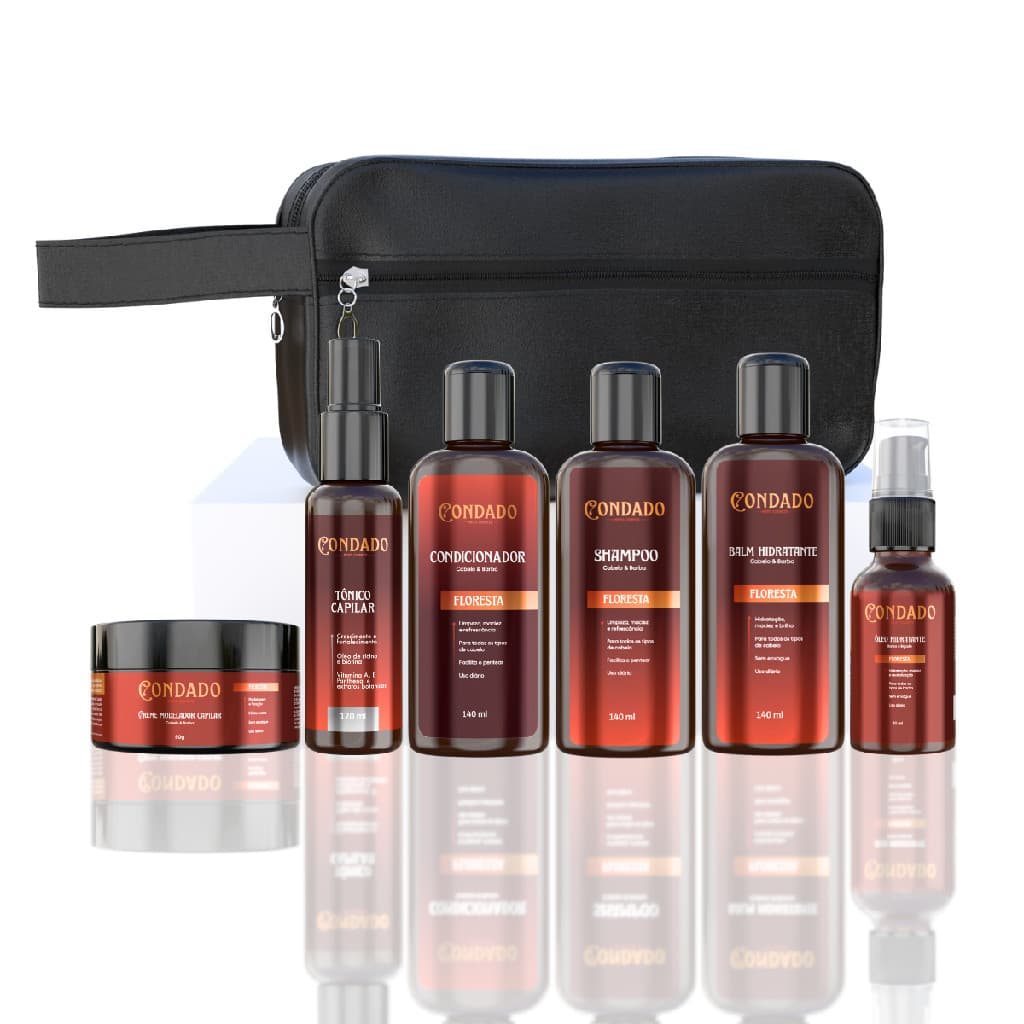 Kit Barba Amadeirado Crescimento Capilar Creme Balm Tônico Shampoo Condicionador Necessaire Preta