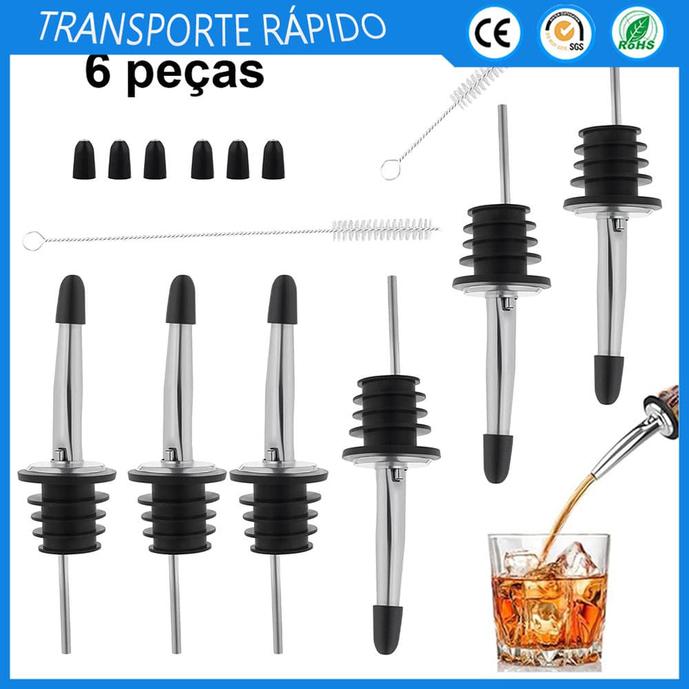 6 peças Bico Dosador Inox Biqueira de Garrafa Bar Bartender Bebidas Vodka Drink Tequila,Com duas escovas