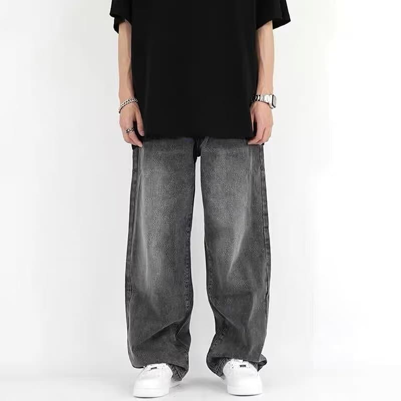 Calça jeans Masculina Americana Retrô Lavada Na Altura Do Chão , Perna Reta Solta Larga