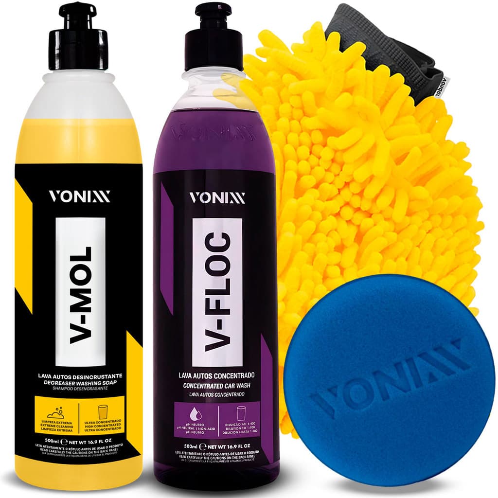 Shampoo Automotivo Vonixx V-Floc 500ml Lava Autos Super Concentrado + V-mol Lavagem Carro Moto Luva Microfibra