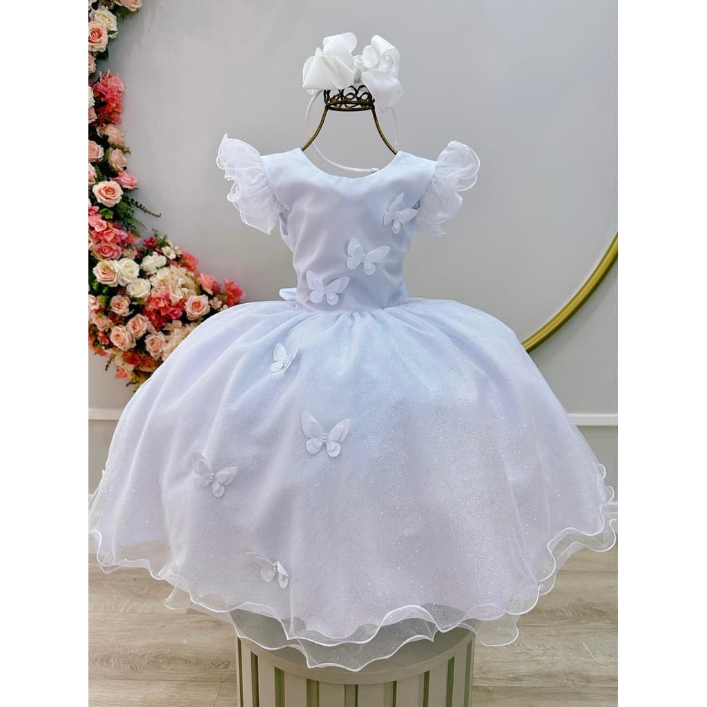 Vestido Infantil Branco Daminhas Luxo Batizado Festas Casamento Damas Borboletas