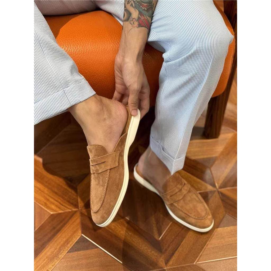 Novo estilo importado camurça de caxemira mocassins planos Slip-On Toe-Baotou meio chinelos