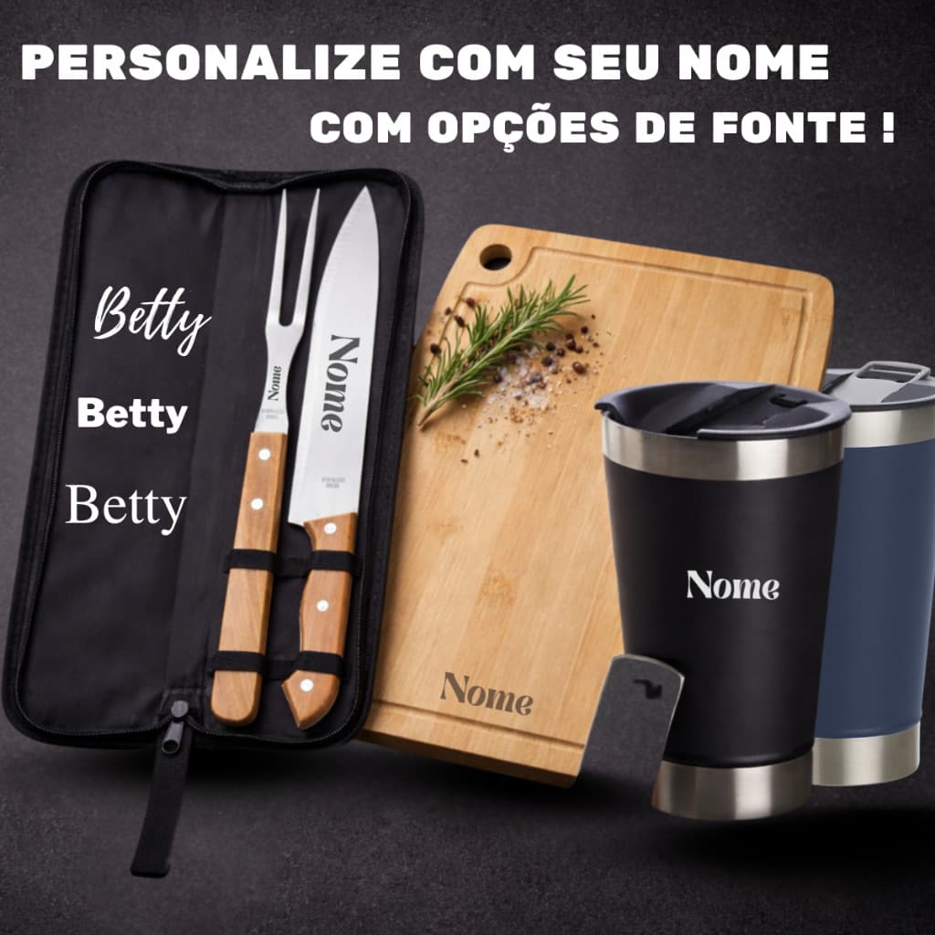 Kit Churrasco Personalizado Estojo Faca Garfo Tábua Copo Térmico Nome Logo presente brinde utilidade pai namorado aniver