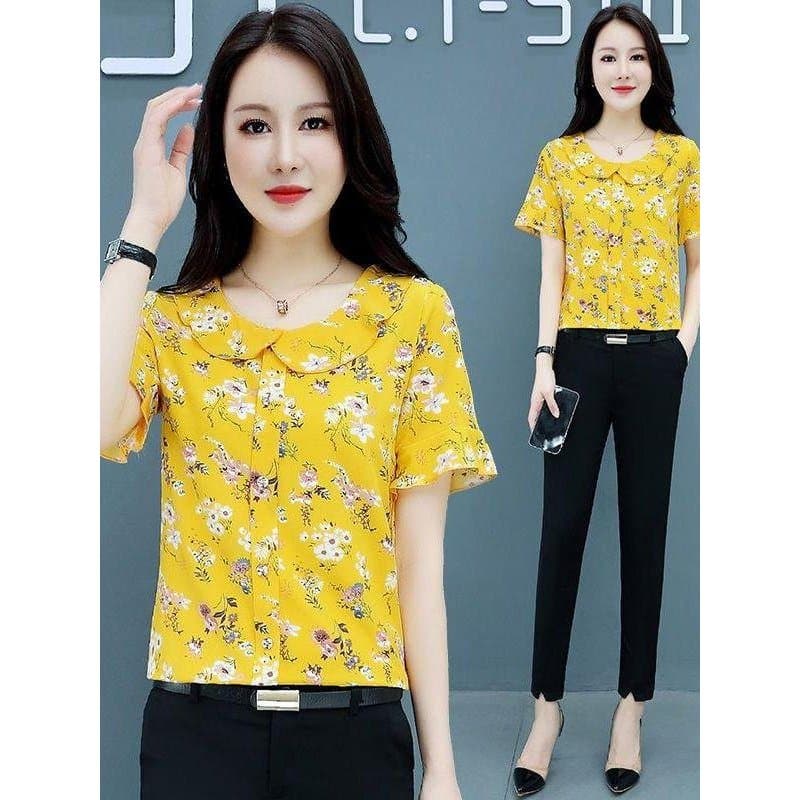Camisa curta de Chiffon de manga curta verão novo estilo roupa de mãe elegante elegante Floral Top cobrindo a barriga ma