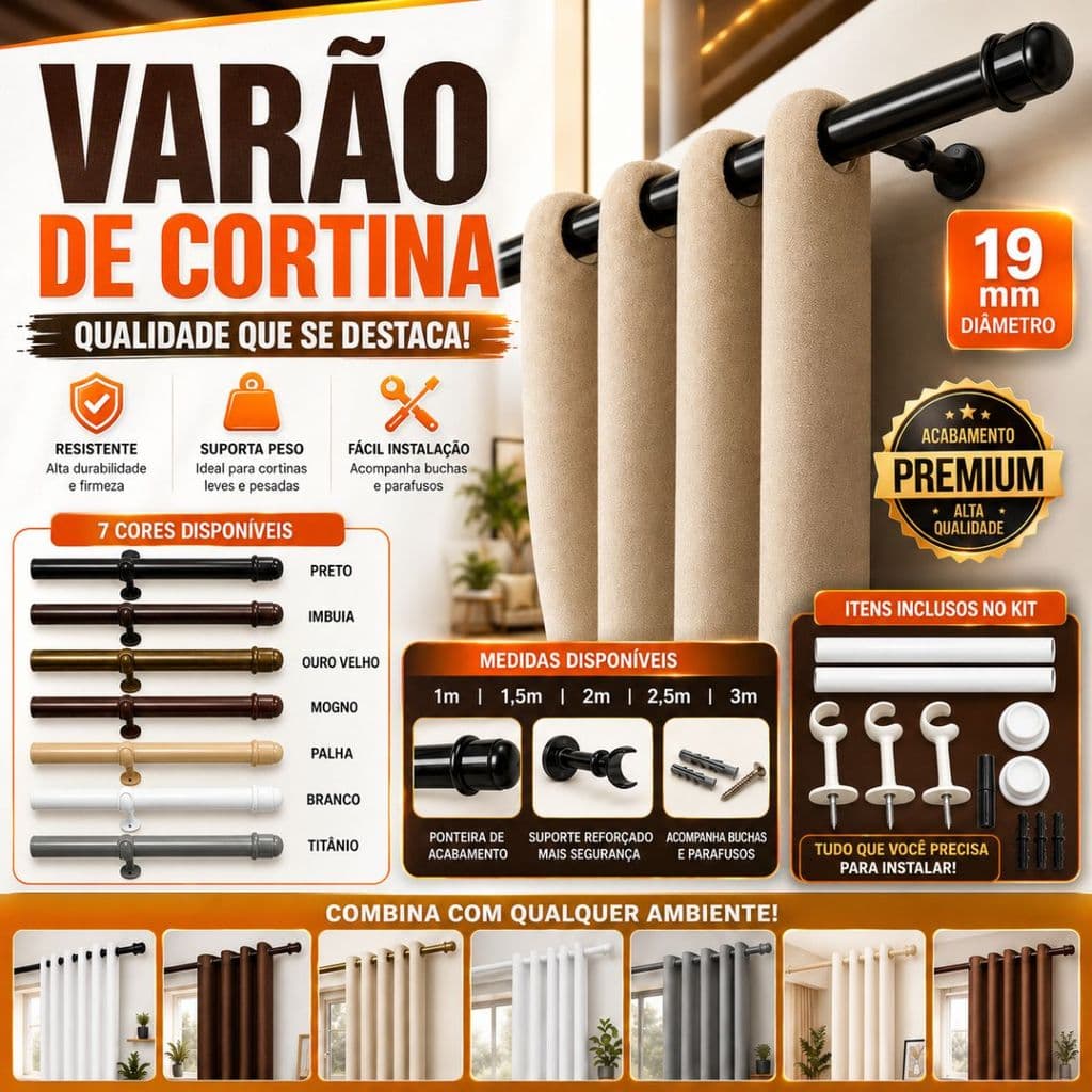 Kit Varão Cortina 19mm Madeira Revestido Fácil Instalação