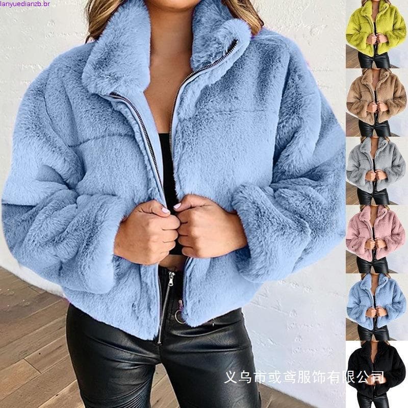 Casaco Curto Feminino Plus Size para o Inverno Frio com Zíper/Bolsos/Pelo Sintético/Pelo de Coelho/Quente P-XXXXXG G40I