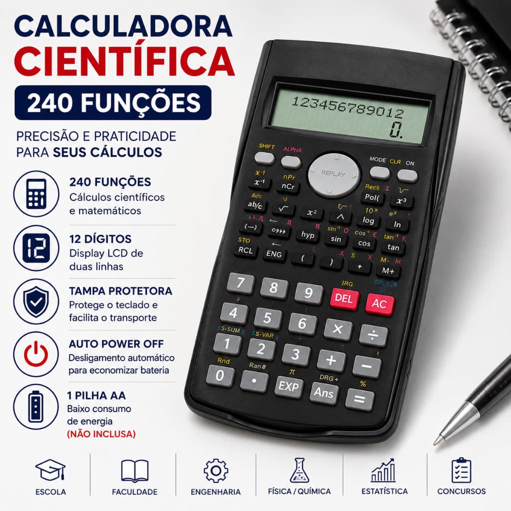 Calculadora Científica 240 Funções 12 Dígitos Profissional Escola Faculdade Engenharia