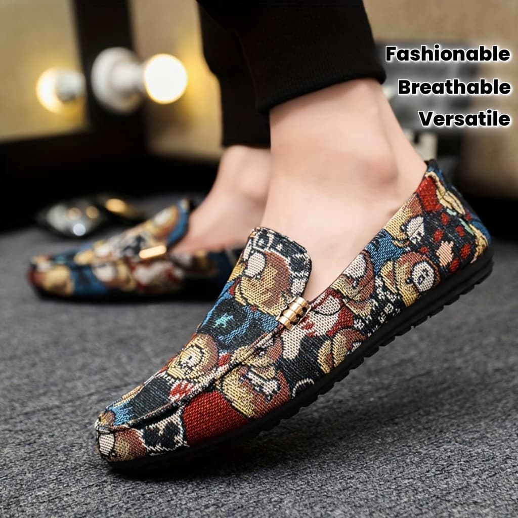 Sapatos Masculinos Modernos com Padrão de Urso em Cores Contrastantes, Mocassins Slip On Versáteis, Mocassins Casuais Ma