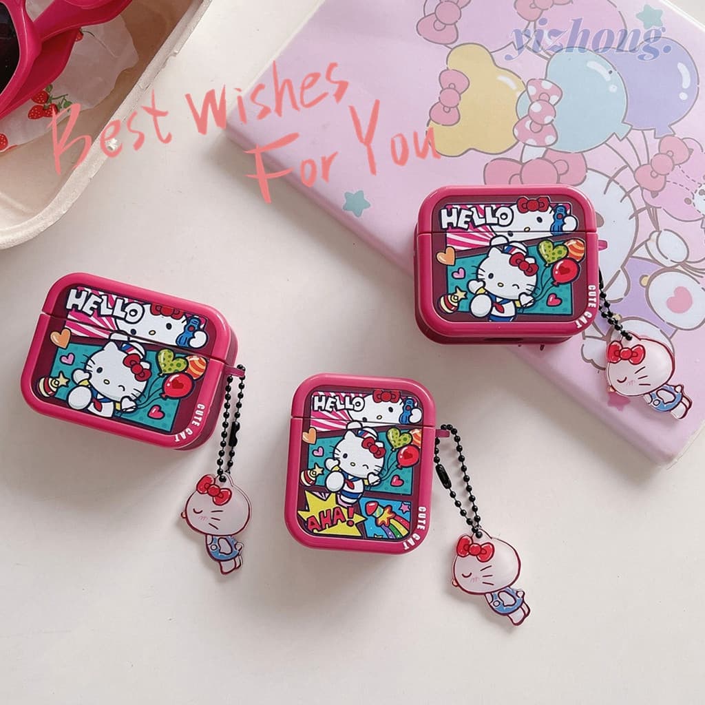 Capa protetora para Airpods Pro 2 3 1, padrão de desenho animado Hello Kitty, capa quadrada de TPU macio à prova de choq