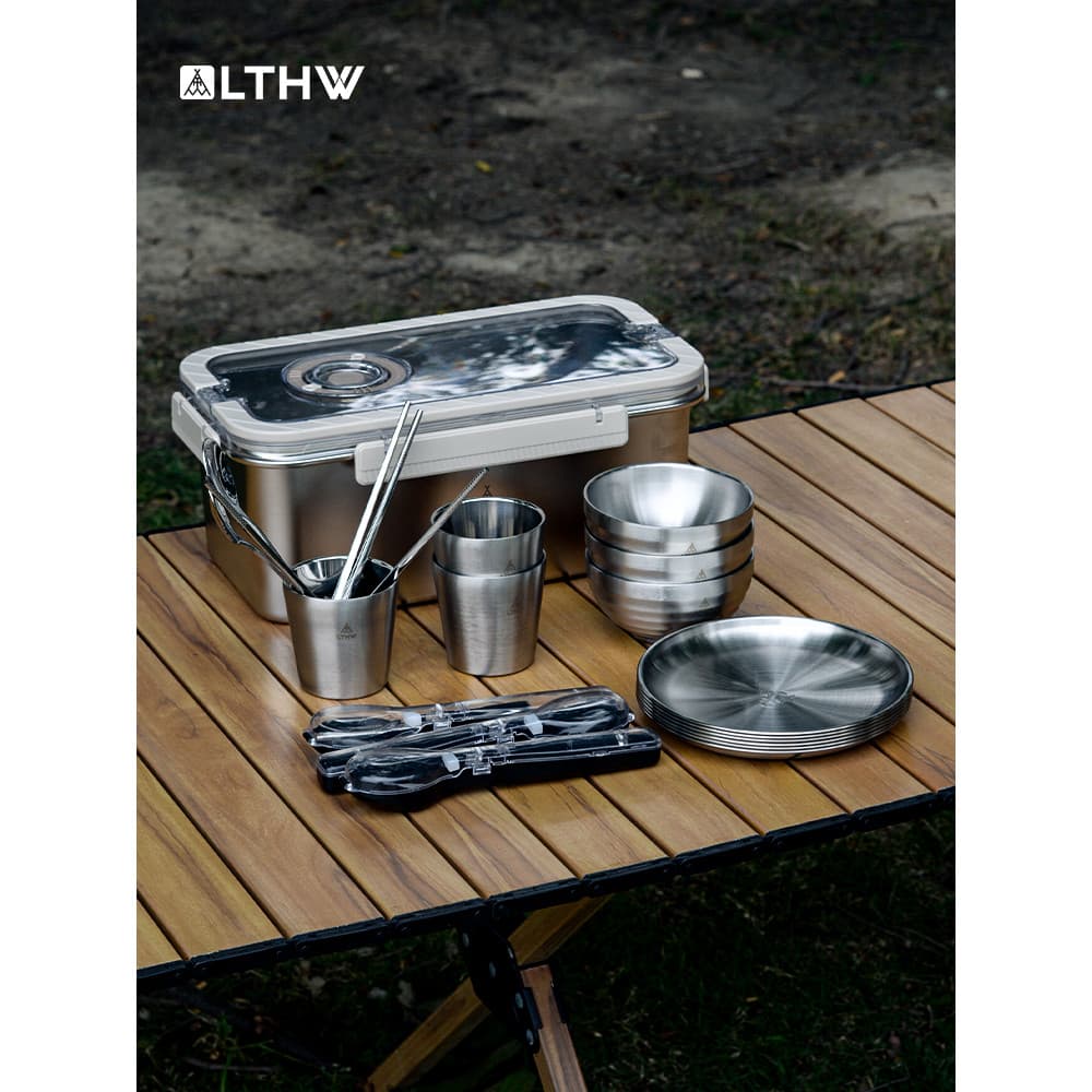 Conjunto portátil de utensílios de mesa para viagem ao ar livre, caixa de armazenamento, piquenique, acampamento, tigela