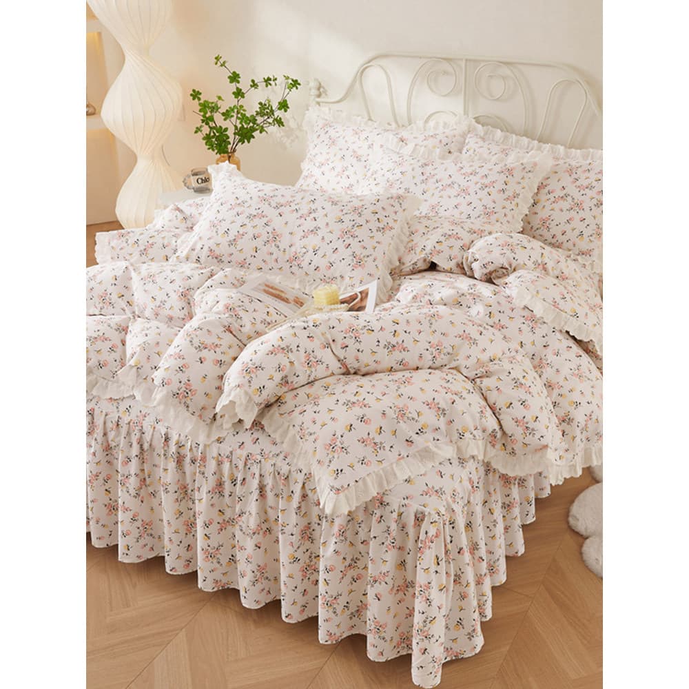 Estilo coreano saia de cama estilo puro algodão conjunto de quatro peças fresco Floral algodão colcha capa pele-amigável