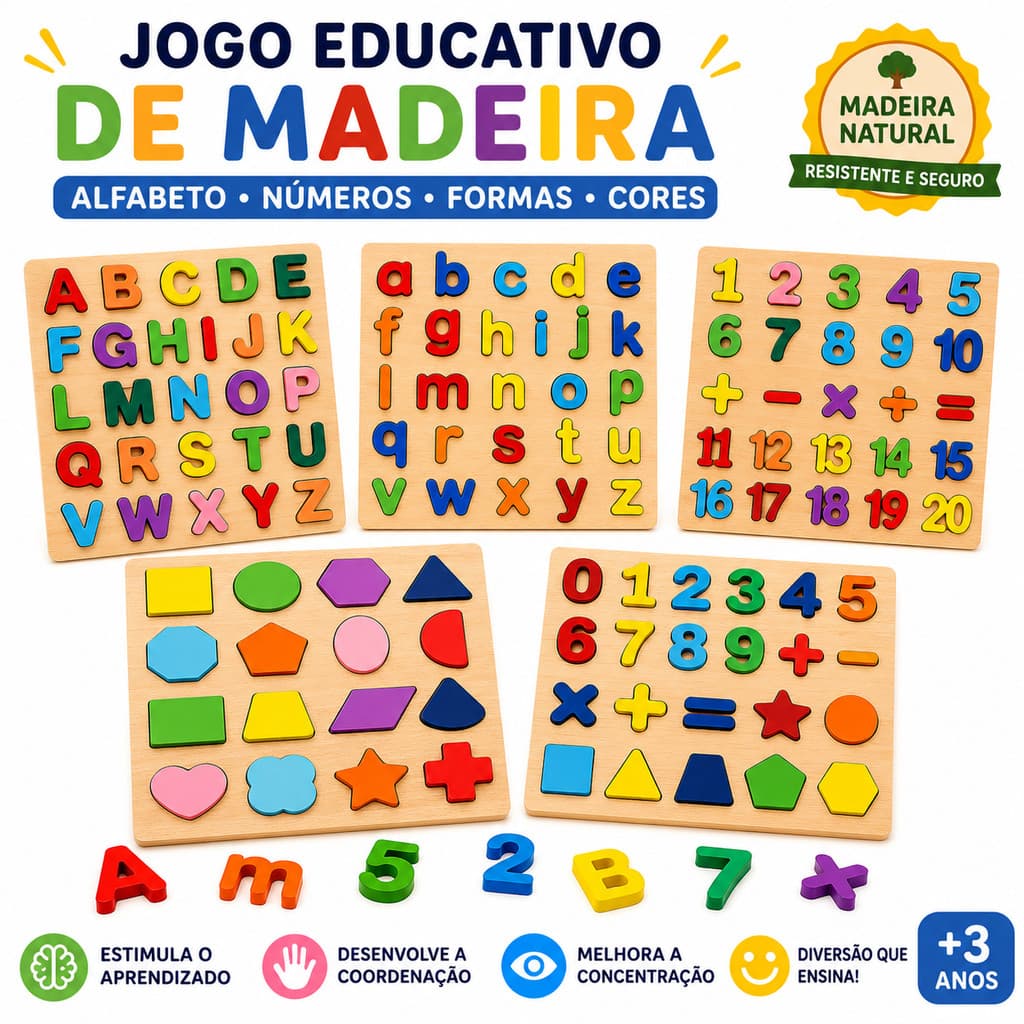 Quebra Cabeça Educativo Madeira Alfabeto Números Formas Encaixe Infantil Pedagógico Montessori 20x20cm