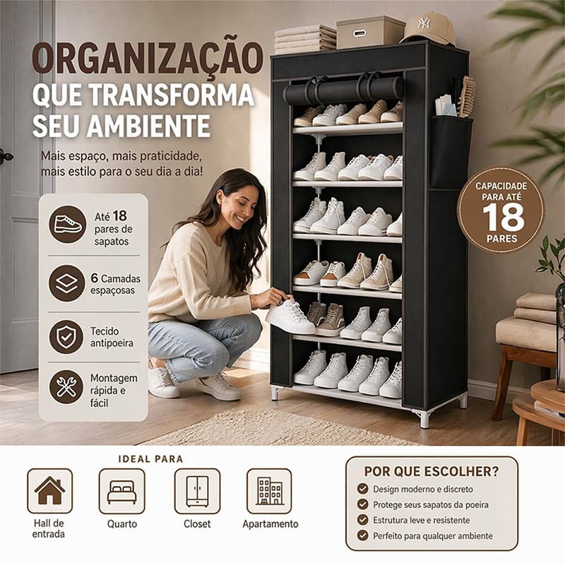 Sapateira doméstica de 6 camadas à prova de poeira, grande capacidade e fácil de organizar