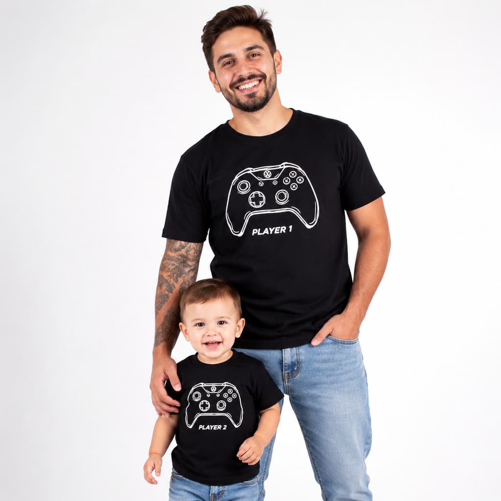 Kit Pai e Filho Camisetas Player 1 Player 2 Controle Game Dia dos Pais Presente Casual Algodão Premium