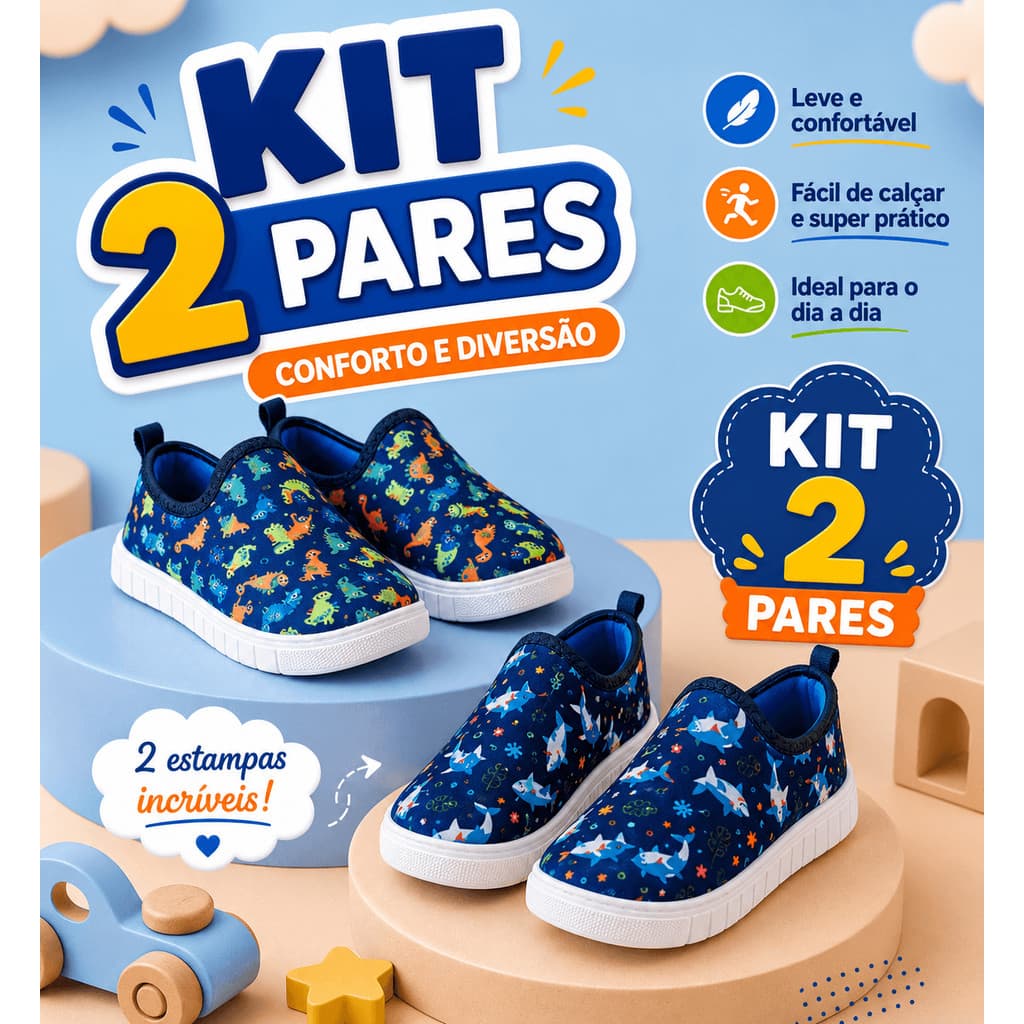 Kit 2 Tênis Slip On Infantil Menino Estampado Sem Cadarço Casual Confortável Leve Escolar